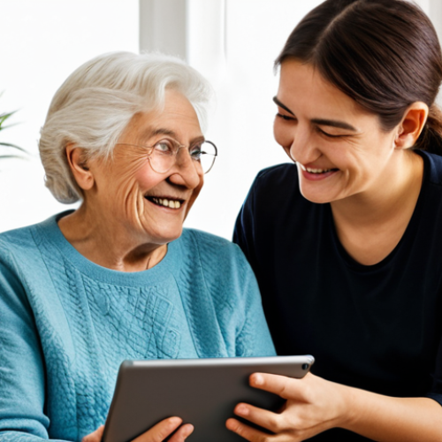 Home 6 **Prompt:** A serene elderly woman with warm eyes is gently guided by a smiling young adult, both seated comfortably on a sofa in a bright, cozy living room. The young adult is patiently demonstrating how to use a tablet, which displays family photos or a video call interface. The elderly woman's expression shows a mix of concentration and joy. Both are fully clothed in modest, comfortable home attire. The background features soft, natural light, a bookshelf, and a potted plant, creating a warm, inviting atmosphere. This image captures the essence of intergenerational bonding through technology. Safe for work, appropriate content, family-friendly, fully clothed, perfect anatomy, correct proportions, well-formed hands, proper finger count, natural body proportions, natural pose, professional photography, high quality, studio lighting.