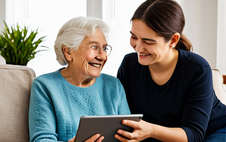 **Prompt:** A serene elderly woman with warm eyes is gently guided by a smiling young adult, both seated comfortably on a sofa in a bright, cozy living room. The young adult is patiently demonstrating how to use a tablet, which displays family photos or a video call interface. The elderly woman's expression shows a mix of concentration and joy. Both are fully clothed in modest, comfortable home attire. The background features soft, natural light, a bookshelf, and a potted plant, creating a warm, inviting atmosphere. This image captures the essence of intergenerational bonding through technology. Safe for work, appropriate content, family-friendly, fully clothed, perfect anatomy, correct proportions, well-formed hands, proper finger count, natural body proportions, natural pose, professional photography, high quality, studio lighting.