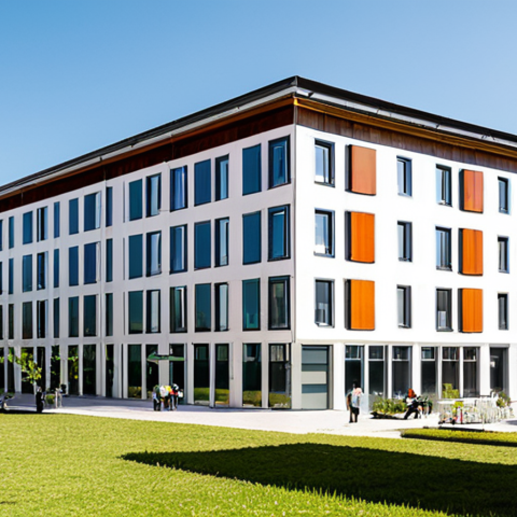 Modern Multifamily Building with Coworking Space**
"Exterior of a modern, sustainable multifamily building in Lisbon, Portugal, featuring solar panels and green spaces. Large windows reveal a bright, open coworking space inside with people working on laptops. The building blends traditional Portuguese architecture with modern design. Safe for work, appropriate content, fully clothed, professional architecture photography, daytime, clear sky, natural light, perfect anatomy, correct proportions, family-friendly."
**