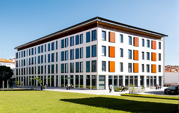 Modern Multifamily Building with Coworking Space**
"Exterior of a modern, sustainable multifamily building in Lisbon, Portugal, featuring solar panels and green spaces. Large windows reveal a bright, open coworking space inside with people working on laptops. The building blends traditional Portuguese architecture with modern design. Safe for work, appropriate content, fully clothed, professional architecture photography, daytime, clear sky, natural light, perfect anatomy, correct proportions, family-friendly."
**
