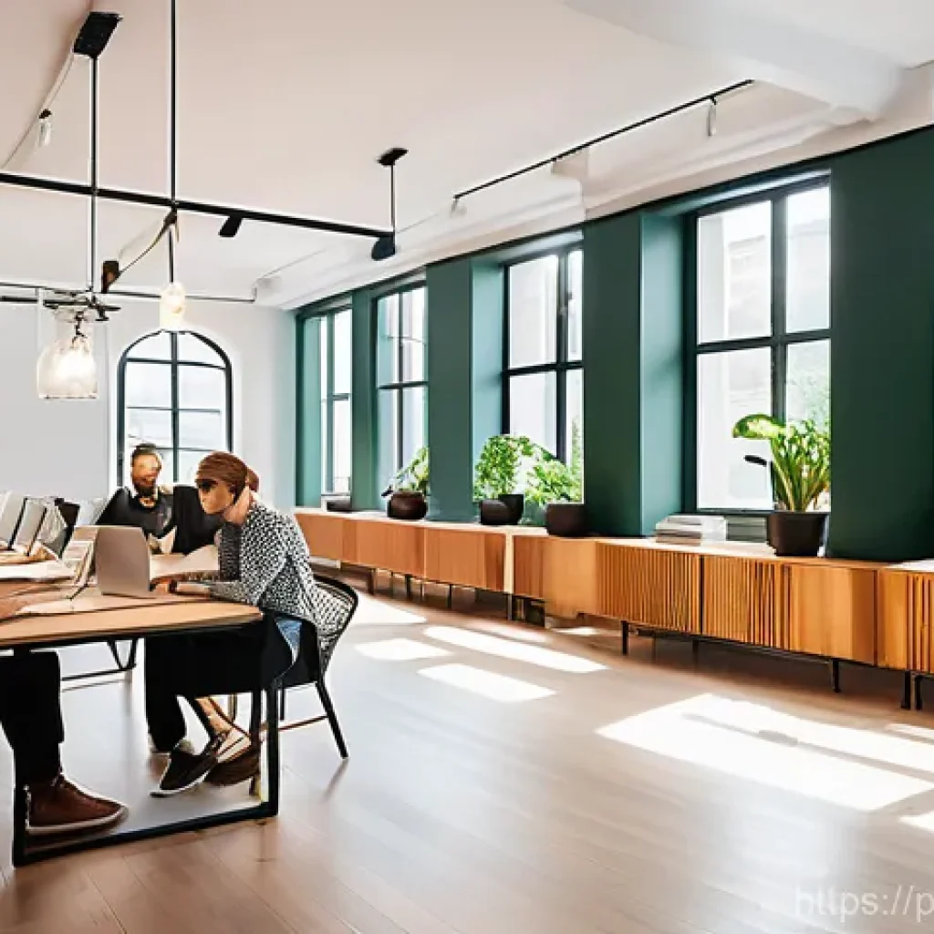 다세대 주거의 문화 공간 설계 - **"A vibrant and modern coworking space within a luxury residential building. Sunlight streams throu...