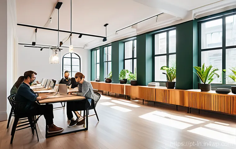 다세대 주거의 문화 공간 설계 - **"A vibrant and modern coworking space within a luxury residential building. Sunlight streams throu...