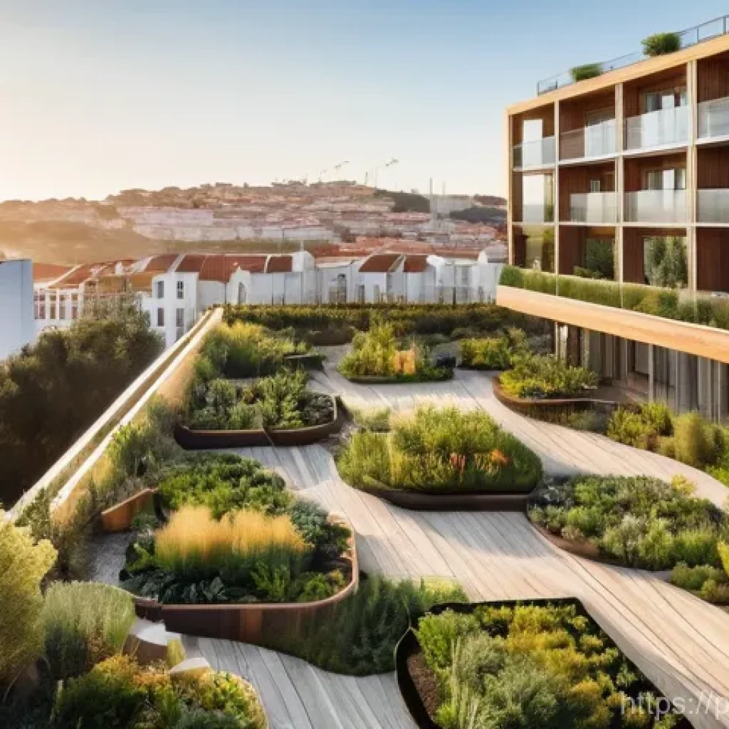 다세대 주거의 사회적 책임 - **Sustainable Urban Oasis in Portugal:** A bright, high-angle view of a modern condominium building ...