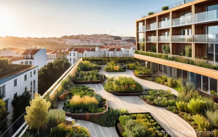 다세대 주거의 사회적 책임 - **Sustainable Urban Oasis in Portugal:** A bright, high-angle view of a modern condominium building ...