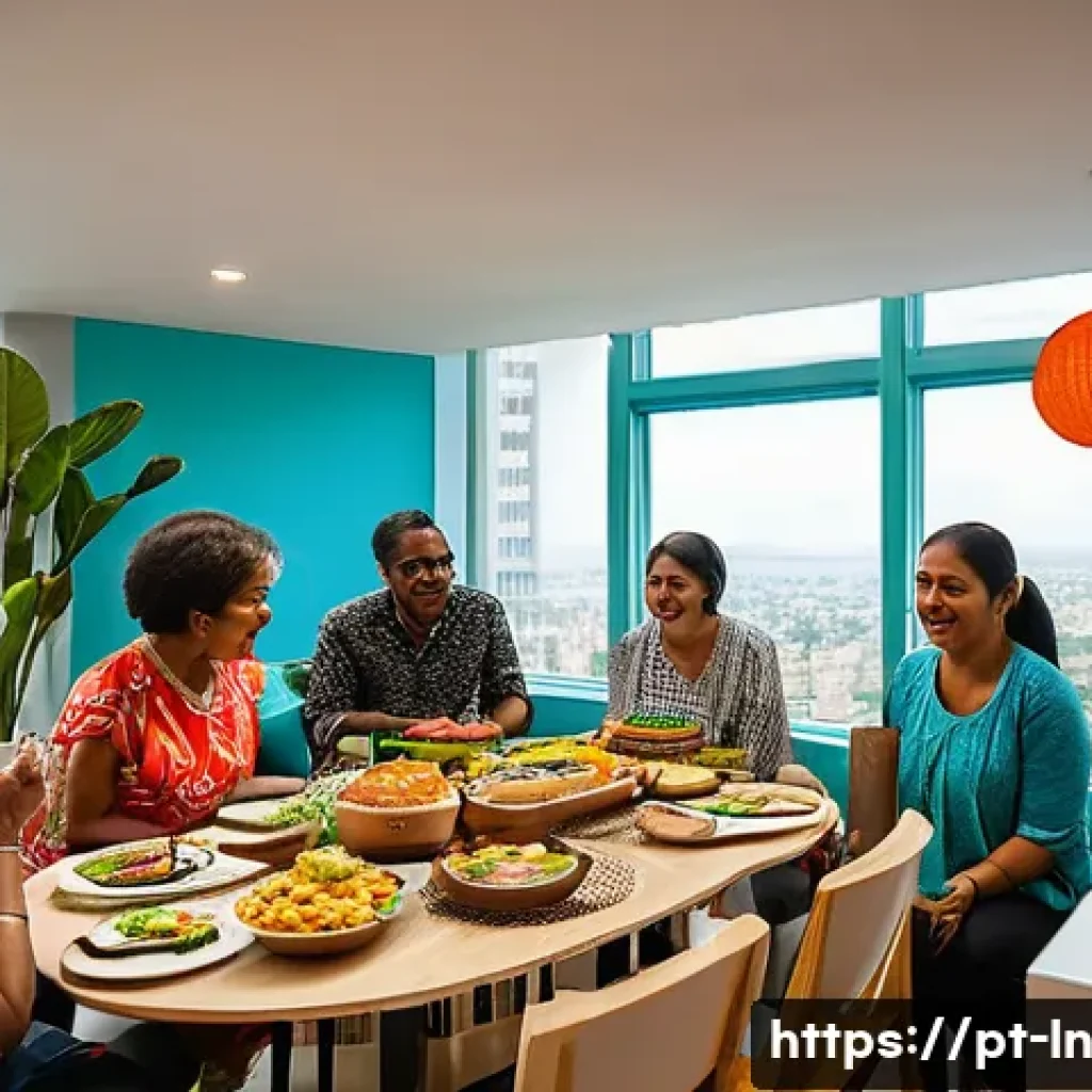 다세대 주거의 문화적 다양성 수용 방안 - A vibrant multicultural community gathering in a modern condominium common room in Brazil, featuring...