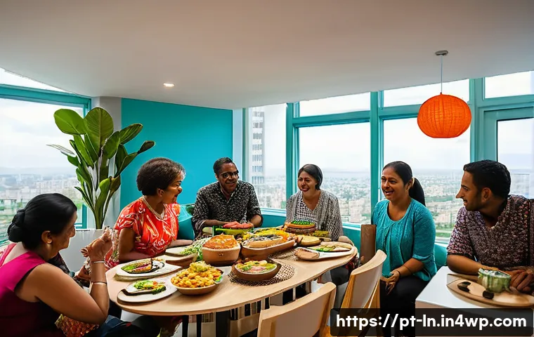 다세대 주거의 문화적 다양성 수용 방안 - A vibrant multicultural community gathering in a modern condominium common room in Brazil, featuring...