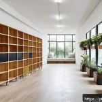 Home 18 다세대 주거의 생활 편의성 증진 전략 - A modern shared apartment building hallway featuring multifunctional furniture such as benches with ...
