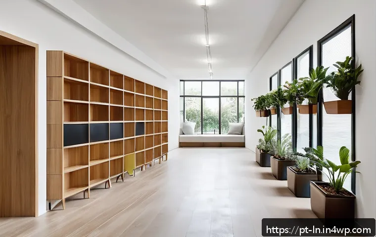 다세대 주거의 생활 편의성 증진 전략 - A modern shared apartment building hallway featuring multifunctional furniture such as benches with ...